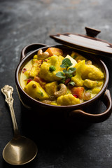 Navratan Korma is a rich, creamy and flavorful Mughlai dish  from India that literally translates to nine-gem curry. The “gems” are the fruits, vegetables and nuts that make up the curry. 