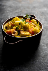 Navratan Korma is a rich, creamy and flavorful Mughlai dish  from India that literally translates to nine-gem curry. The “gems” are the fruits, vegetables and nuts that make up the curry. 