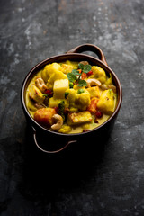 Navratan Korma is a rich, creamy and flavorful Mughlai dish  from India that literally translates to nine-gem curry. The “gems” are the fruits, vegetables and nuts that make up the curry. 