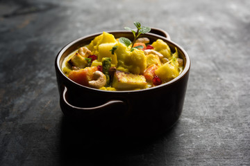 Navratan Korma is a rich, creamy and flavorful Mughlai dish  from India that literally translates to nine-gem curry. The “gems” are the fruits, vegetables and nuts that make up the curry. 