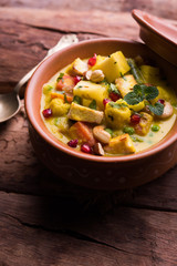 Navratan Korma is a rich, creamy and flavorful Mughlai dish  from India that literally translates to nine-gem curry. The “gems” are the fruits, vegetables and nuts that make up the curry. 