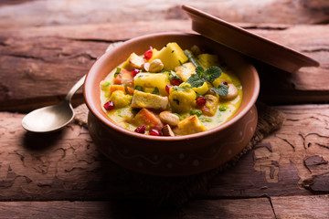 Navratan Korma is a rich, creamy and flavorful Mughlai dish  from India that literally translates to nine-gem curry. The “gems” are the fruits, vegetables and nuts that make up the curry. 