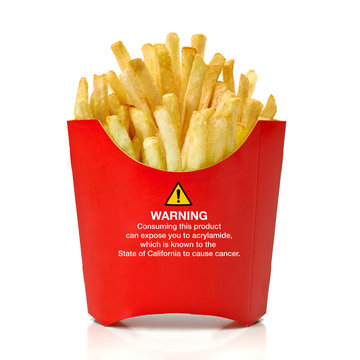 French fries with acrylamide warning sign isolated on white background