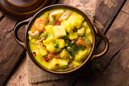 Navratan Korma is a rich, creamy and flavorful Mughlai dish  from India that literally translates to nine-gem curry. The &ldquo;gems&rdquo; are the fruits, vegetables and nuts that make up the curry. 