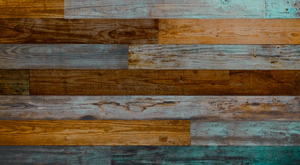 Vintage horizontal wood textured background with brown and blue. Wooden planks on a wall or floor with grain and texture.