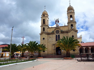 The main plaza of Aquitania in Boyaca, Colombia. The main plaza houses the church onion monument
