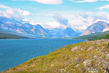 Scenic Looking at a clear blue lake in Glacier National Park.