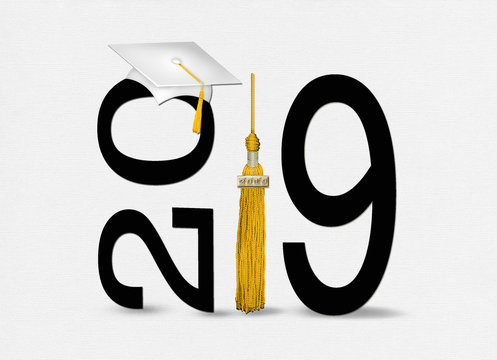 white 2019 graduation cap on black text with gold tassel isolated on soft textured white background