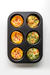 Healthy breakfast egg muffins with cheese, tomato and green veggetable, easy and healthy food concept