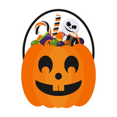 Halloween Candy Bucket and Candies - Jack O Lantern Halloween candy bucket with handle holding many colorful Halloween candies isolated on white background