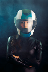Biker Woman with Helmet and Leather Outfit Portrait