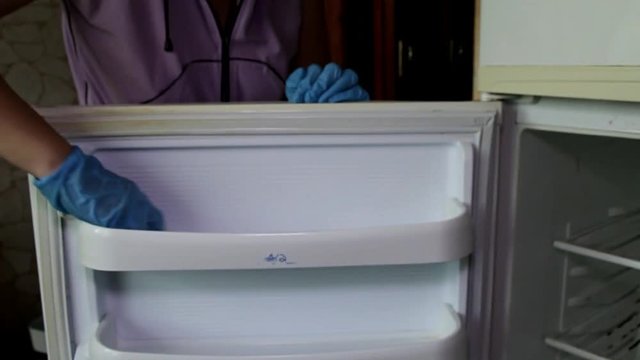 female hand in blue rubber glove actively washes the door of the refrigerator