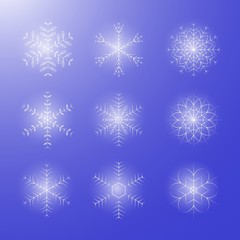 Set of different shining snowflakes icon on a blue background. Vector illustration. Eps 10.