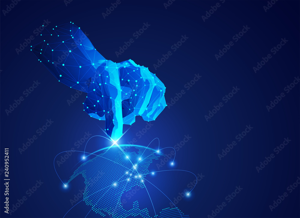 Poster concept of global network or communication technology, futuristic wireframe hand pointing on digital
