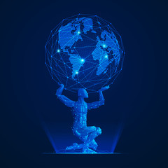 wireframe polygon man carrying globe in futuristic style, graphic of atlas in modern abstract style