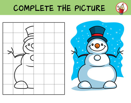 Complete the picture of a snowman. Copy the picture. Coloring book. Educational game for children. Cartoon vector illustration