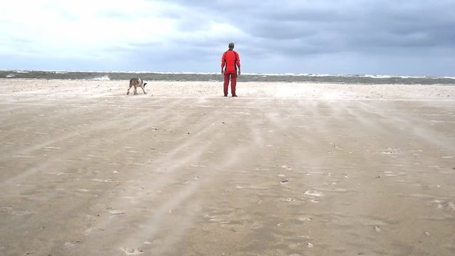 Uomo solitario sulla spiaggia con forte vento