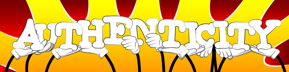 Diverse hands holding letters of the alphabet created the word Authenticity. Vector illustration.