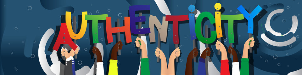 Diverse hands holding letters of the alphabet created the word Authenticity. Vector illustration.