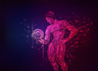 concept of sport science, polygon male body builder lifting dumbbell - obrazy, fototapety, plakaty