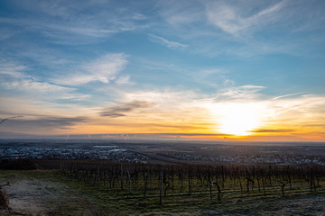 sunrise over gruenstadt in winter
