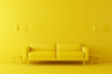 Minimal concept. interior of living yellow tone on yellow floor and background.