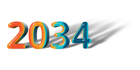 3D Number Year 2034 joyful hopeful colors and white background