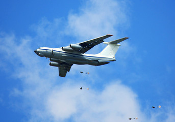 Landing of paratroops from a military transport aircraft