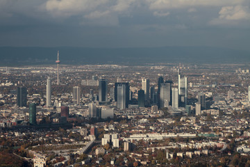 Aerial photograph, panorama of city and business center. Frankfurt am Main, Germany