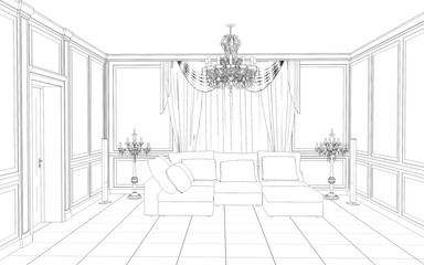 interior contour visualization, 3D illustration, sketch, outline