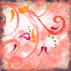 Fototapeta premium Floral Swirls, Leaves, and Hearts Vignette on Watercolor Splash Texture. Vintage Background with Intricate Swirls and Curls.