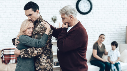 A Man Goes To Military Service. Family Goodbye.
