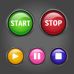 Multimedia icon set. Glass round buttons. Start, stop, pause, play. Vector illustration.