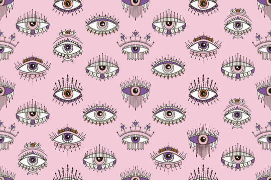 Seamless pattern with eyes magical pattern. Mystical icon hand drawn print. Cartoon style, sign esoteric, inspiration eye.
