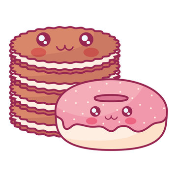 sweet donuts and cookies kawaii characters
