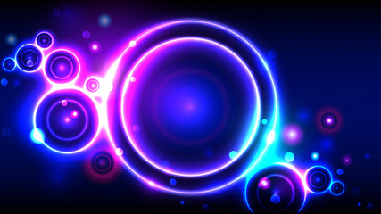 Bright party background, neon glowing circles, abstract multicolor round frame, bokeh