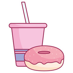 plastic cup with straw and donut