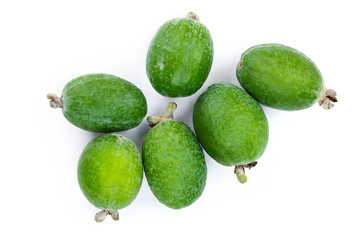 Tropical fruit feijoa Acca sellowiana isolated on white background. Top view. Flat lay pattern