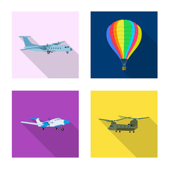 Vector design of plane and transport sign. Set of plane and sky vector icon for stock.