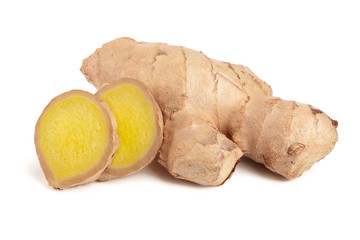 fresh Ginger root and slice isolated on white background