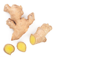 fresh Ginger root and slice isolated on white background with copy space for your text. Top view. Flat lay