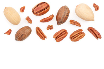 pecan nut isolated on white background with copy space for your text. Top view. Flat lay