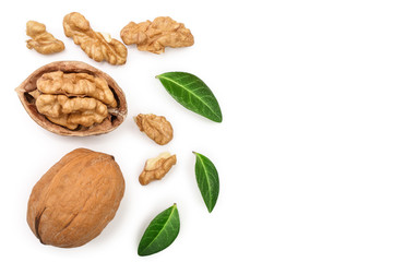 Walnuts with leaf isolated on white background with copy space for your text. Top view. Flat lay