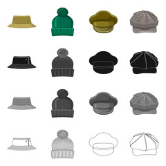 Vector illustration of headgear and cap logo. Collection of headgear and accessory stock vector illustration.
