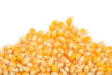 The corn seeds isolated on white background with copy space for your text. Top view. Flat lay