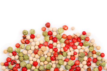 Mixed of peppercorn red white and green pepper isolated on white background with copy space for your text. Top view