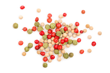 Mixed of peppercorn red white and green pepper isolated on white background. Top view