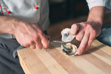Opening the hollow and flat oysters. Chef opens oysters in the restaurant.
