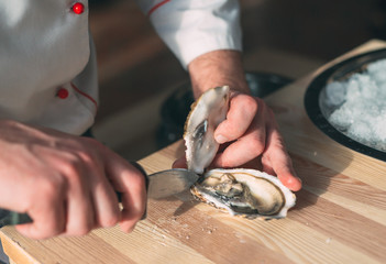 Opening the hollow and flat oysters. Chef opens oysters in the restaurant.