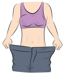 the girl shows that her pants are great. weight loss concept. vector illustration.